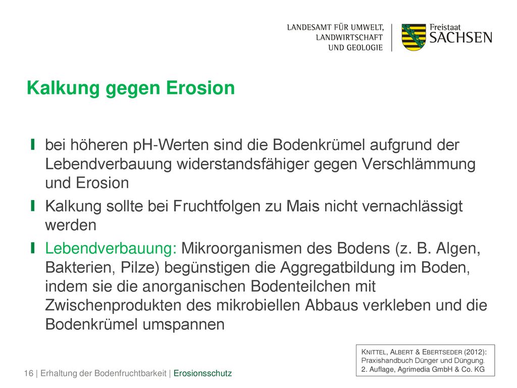 Kalkung gegen Erosion bei höheren pH-Werten sind die Bodenkrümel aufgrund der Lebendverbauung widerstandsfähiger gegen Verschlämmung und Erosion.