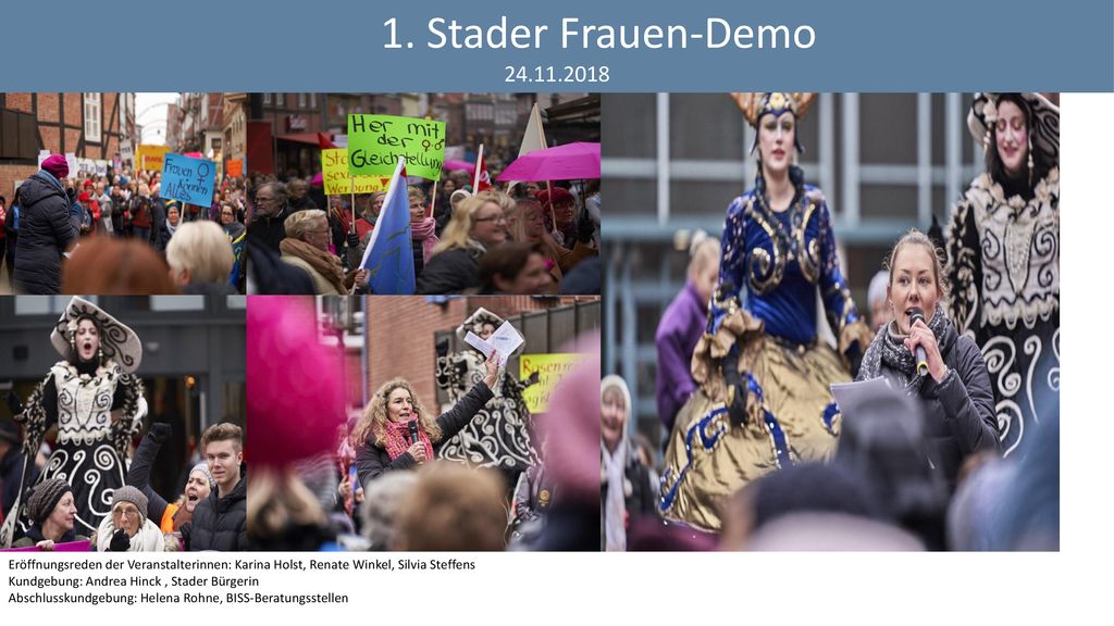 1. Stader Frauen-Demo Eröffnungsreden der Veranstalterinnen: Karina Holst, Renate Winkel, Silvia Steffens.