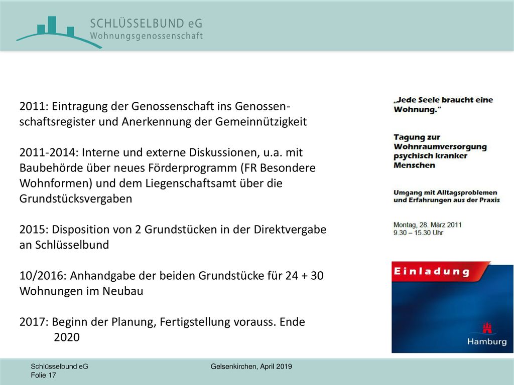 2011: Eintragung der Genossenschaft ins Genossen-schaftsregister und Anerkennung der Gemeinnützigkeit