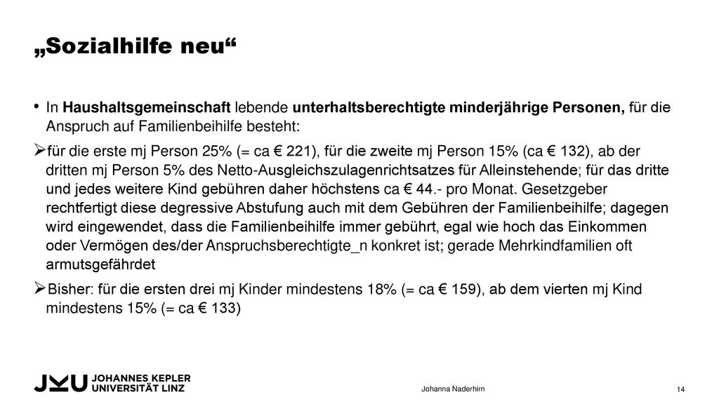„Sozialhilfe neu In Haushaltsgemeinschaft lebende unterhaltsberechtigte minderjährige Personen, für die Anspruch auf Familienbeihilfe besteht:
