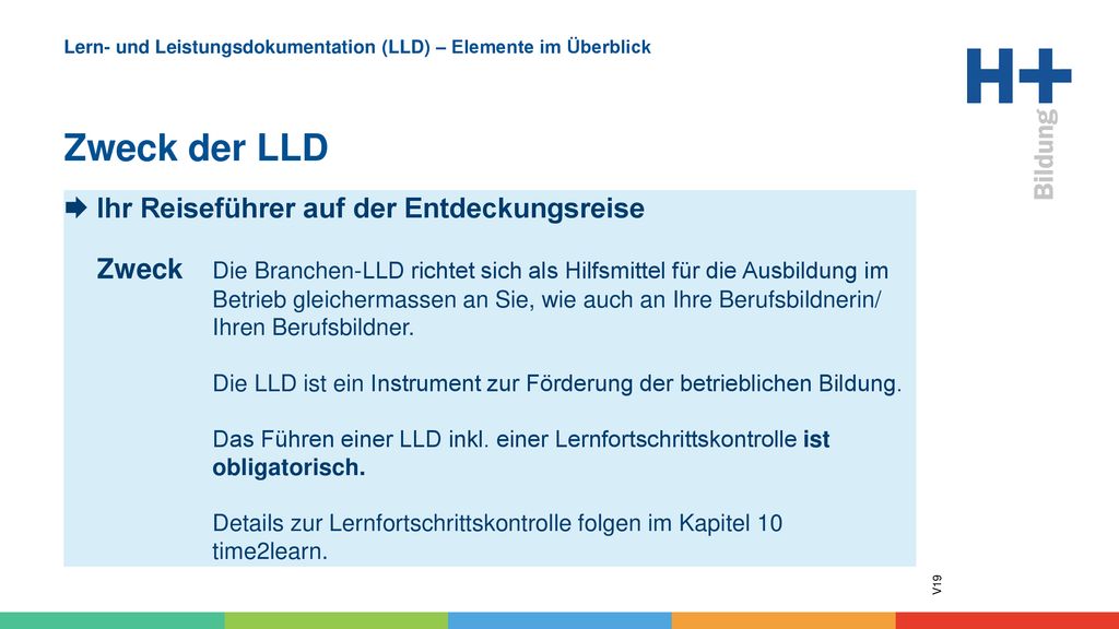 Lern- und Leistungsdokumentation (LLD) – Elemente im Überblick Zweck der LLD