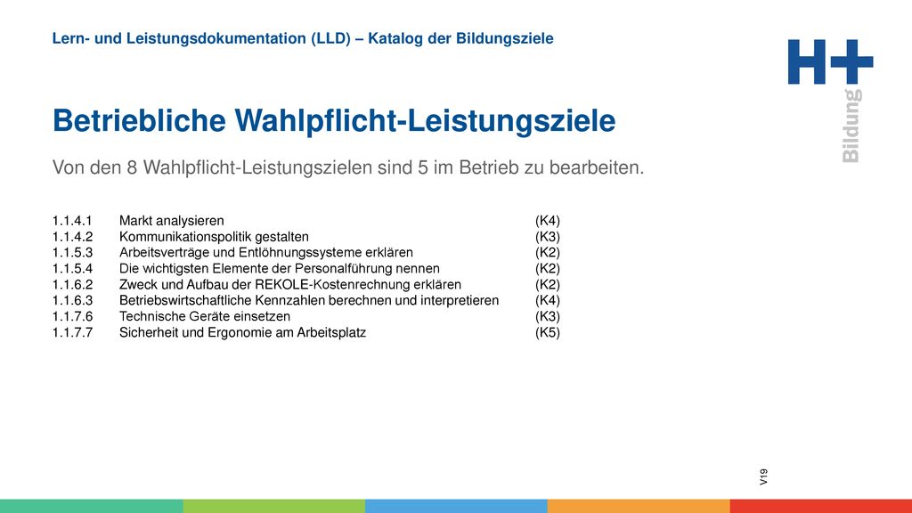 Von den 8 Wahlpflicht-Leistungszielen sind 5 im Betrieb zu bearbeiten.