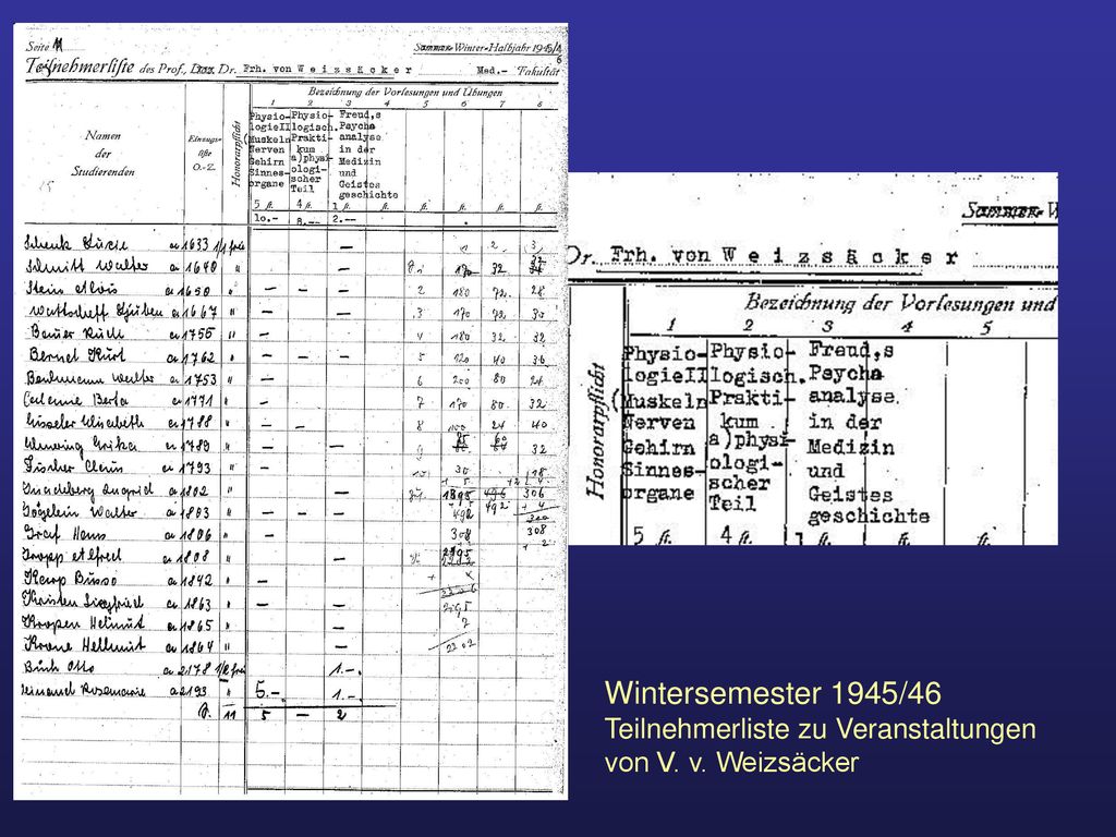 Wintersemester 1945/46 Teilnehmerliste zu Veranstaltungen von V. v