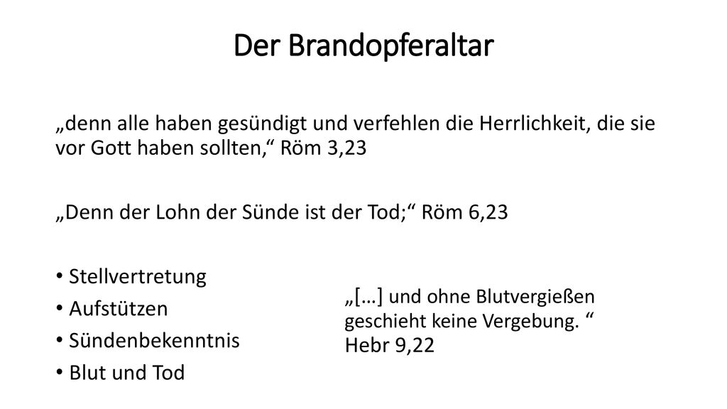 Der Brandopferaltar „denn alle haben gesündigt und verfehlen die Herrlichkeit, die sie vor Gott haben sollten, Röm 3,23.