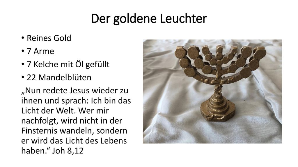 Der goldene Leuchter Reines Gold 7 Arme 7 Kelche mit Öl gefüllt