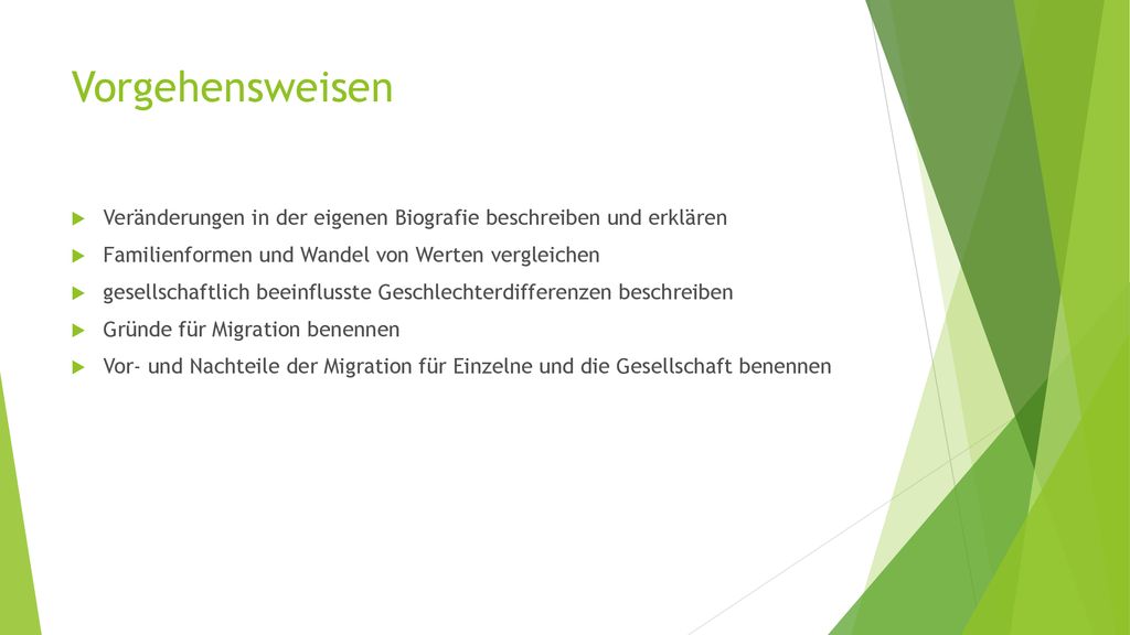 Vorgehensweisen Veränderungen in der eigenen Biografie beschreiben und erklären. Familienformen und Wandel von Werten vergleichen.