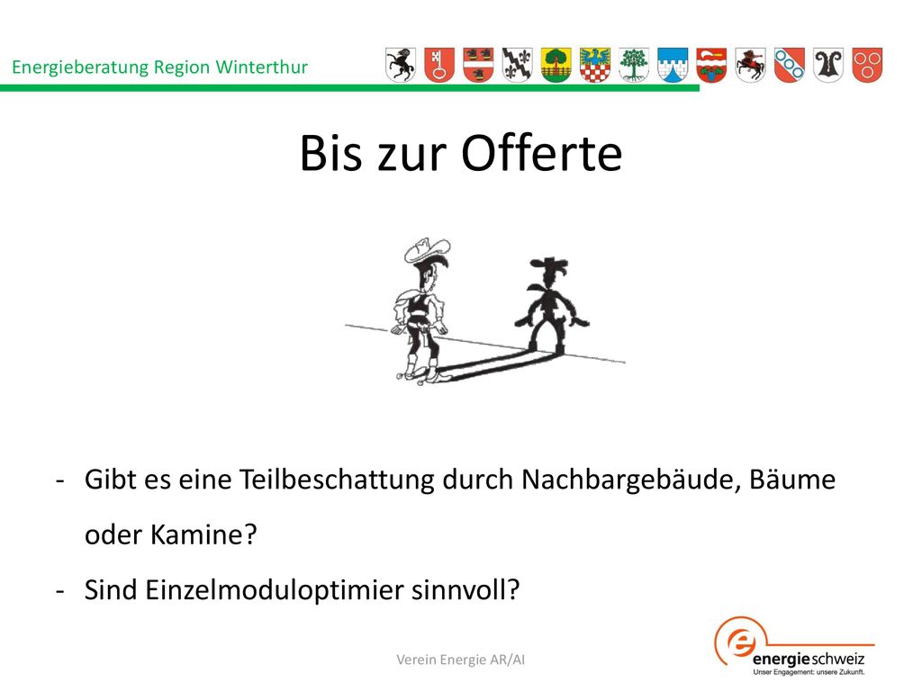 Bis zur Offerte Gibt es eine Teilbeschattung durch Nachbargebäude, Bäume oder Kamine Sind Einzelmoduloptimier sinnvoll
