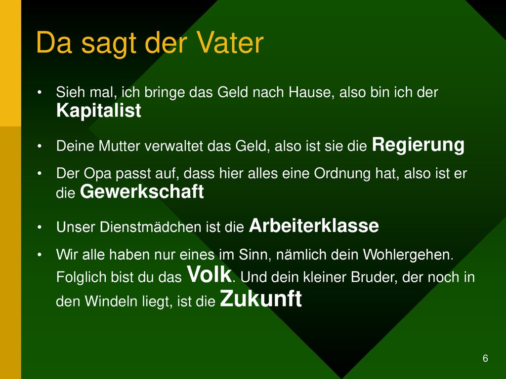 Da sagt der Vater Sieh mal, ich bringe das Geld nach Hause, also bin ich der Kapitalist.