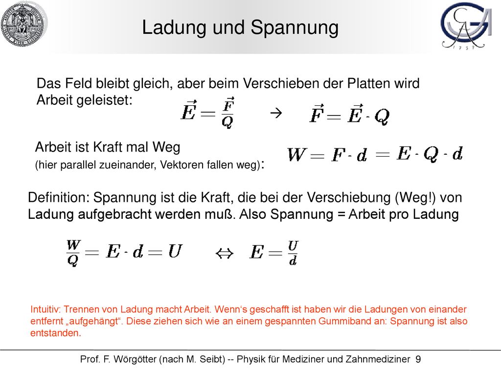 Ladung und Spannung Das Feld bleibt gleich, aber beim Verschieben der Platten wird. Arbeit geleistet: