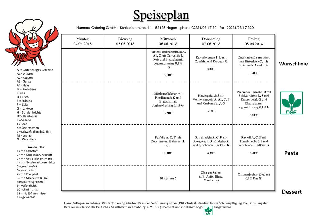 Speiseplan Pasta Dessert Wunschlinie Montag Dienstag