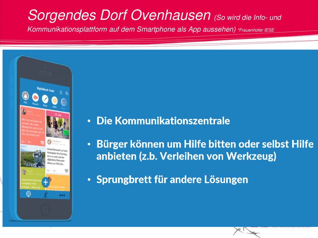 Sorgendes Dorf Ovenhausen (So wird die Info- und Kommunikationsplattform auf dem Smartphone als App aussehen) *Frauenhofer IESE