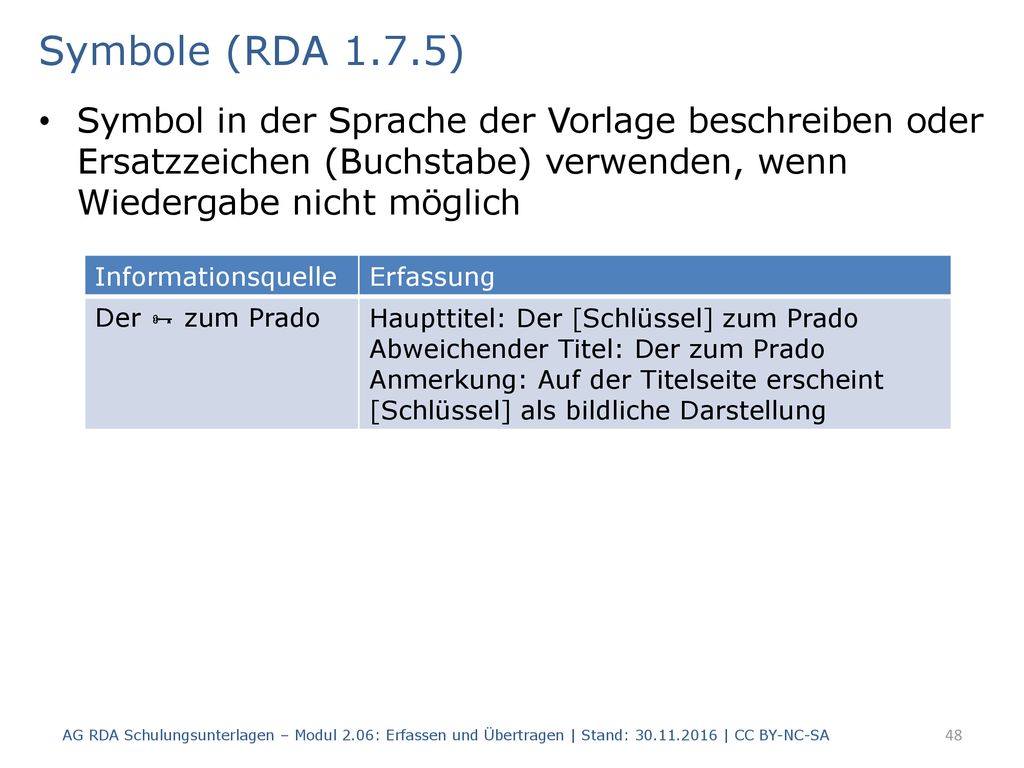 Symbole (RDA 1.7.5) Symbol in der Sprache der Vorlage beschreiben oder Ersatzzeichen (Buchstabe) verwenden, wenn Wiedergabe nicht möglich.