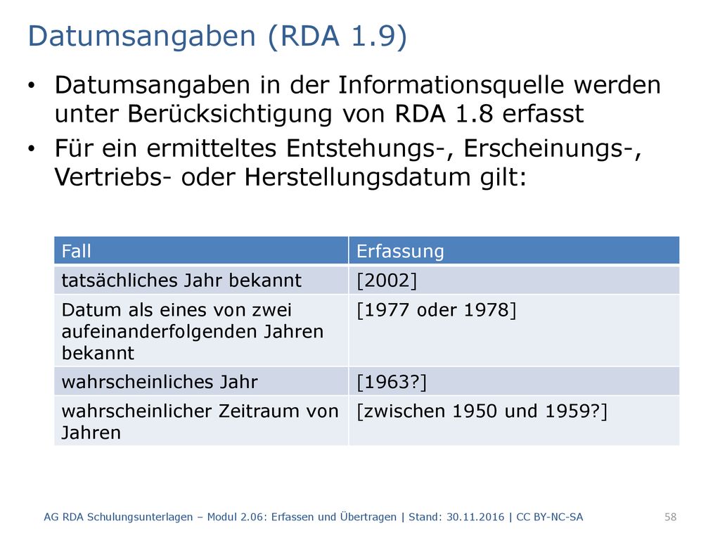 Datumsangaben (RDA 1.9) Datumsangaben in der Informationsquelle werden unter Berücksichtigung von RDA 1.8 erfasst.