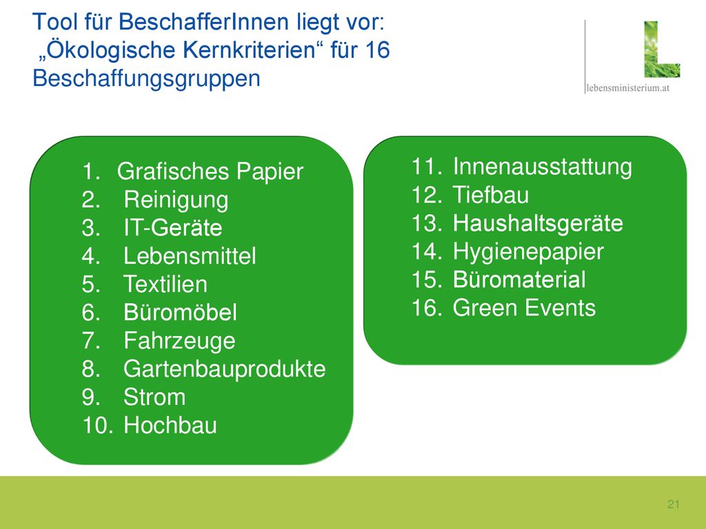 Tool für BeschafferInnen liegt vor: „Ökologische Kernkriterien für 16 Beschaffungsgruppen