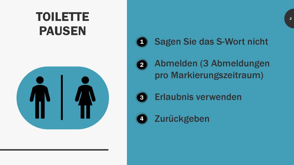 TOILETTE PAUSEN Sagen Sie das S-Wort nicht Abmelden (3 Abmeldungen pro Markierungszeitraum) Erlaubnis verwenden Zurückgeben