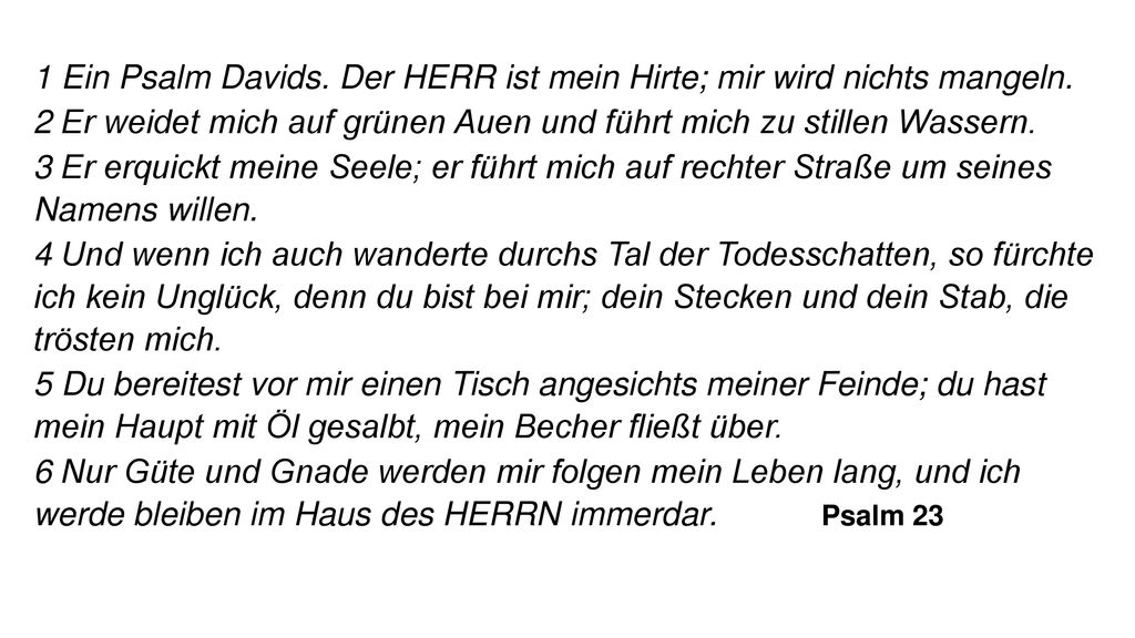 1 Ein Psalm Davids. Der HERR ist mein Hirte; mir wird nichts mangeln.