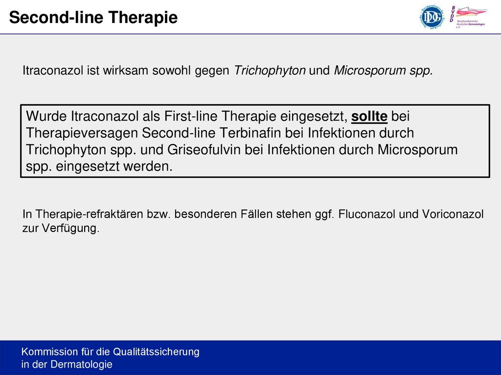 Second-line Therapie Itraconazol ist wirksam sowohl gegen Trichophyton und Microsporum spp.