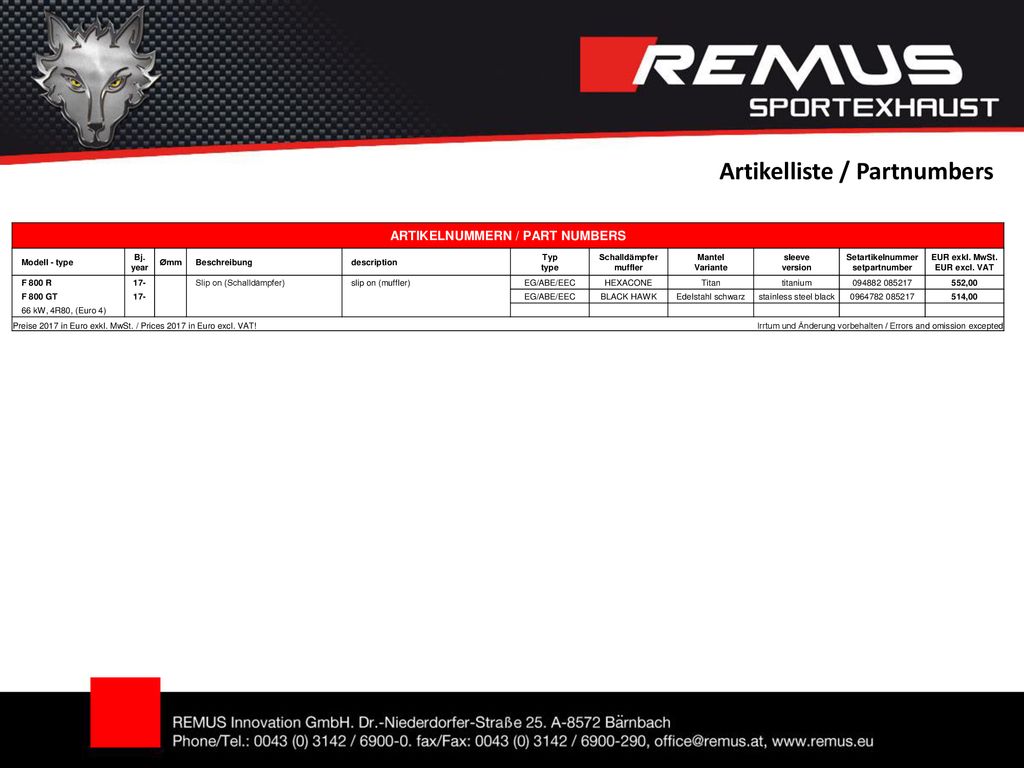 ARTIKELNUMMERN / PART NUMBERS EUR exkl. MwSt. EUR excl. VAT
