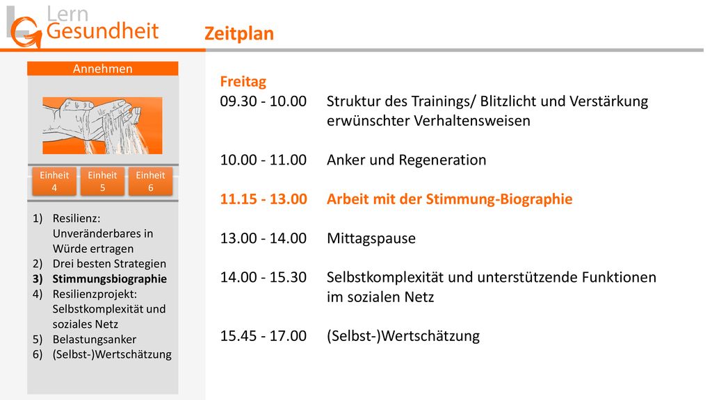Zeitplan Annehmen. Freitag Struktur des Trainings/ Blitzlicht und Verstärkung erwünschter Verhaltensweisen.