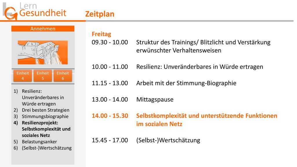 Zeitplan Annehmen. Freitag Struktur des Trainings/ Blitzlicht und Verstärkung erwünschter Verhaltensweisen.
