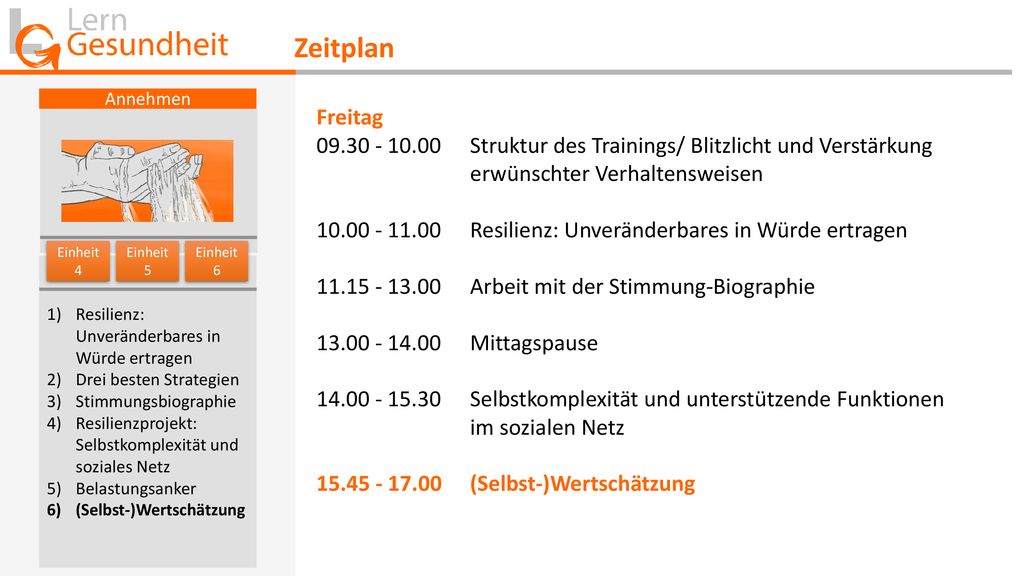 Zeitplan Annehmen. Freitag Struktur des Trainings/ Blitzlicht und Verstärkung erwünschter Verhaltensweisen.