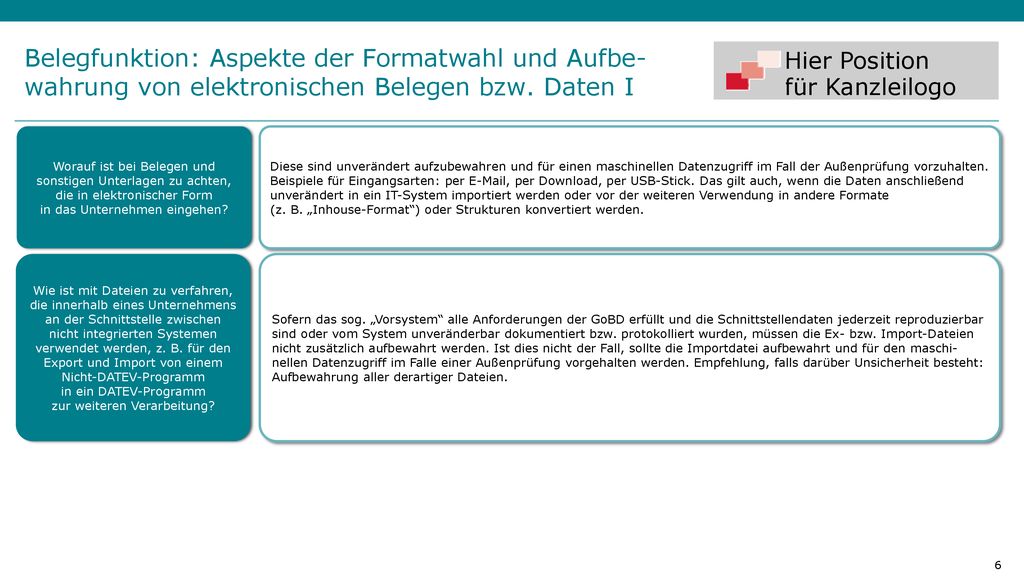 Belegfunktion: Aspekte der Formatwahl und Aufbe-wahrung von elektronischen Belegen bzw. Daten I