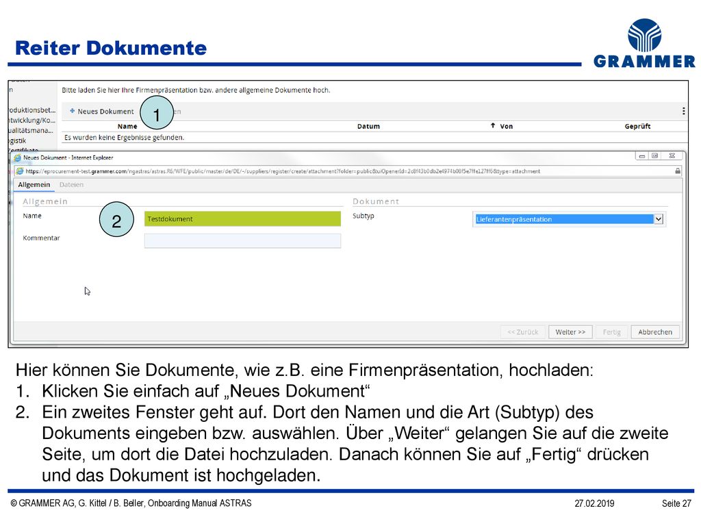 Reiter Dokumente Hier können Sie Dokumente, wie z.B. eine Firmenpräsentation, hochladen: Klicken Sie einfach auf „Neues Dokument