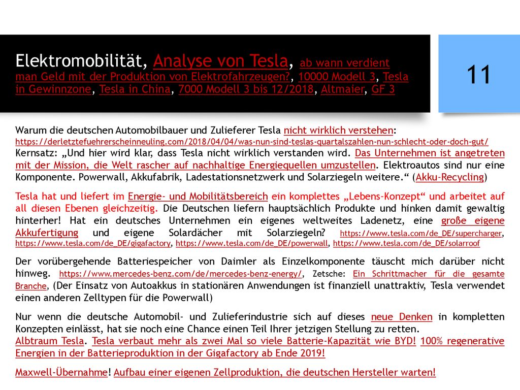 Elektromobilität, Analyse von Tesla, ab wann verdient man Geld mit der Produktion von Elektrofahrzeugen , Modell 3, Tesla in Gewinnzone, Tesla in China, 7000 Modell 3 bis 12/2018, Altmaier, GF 3