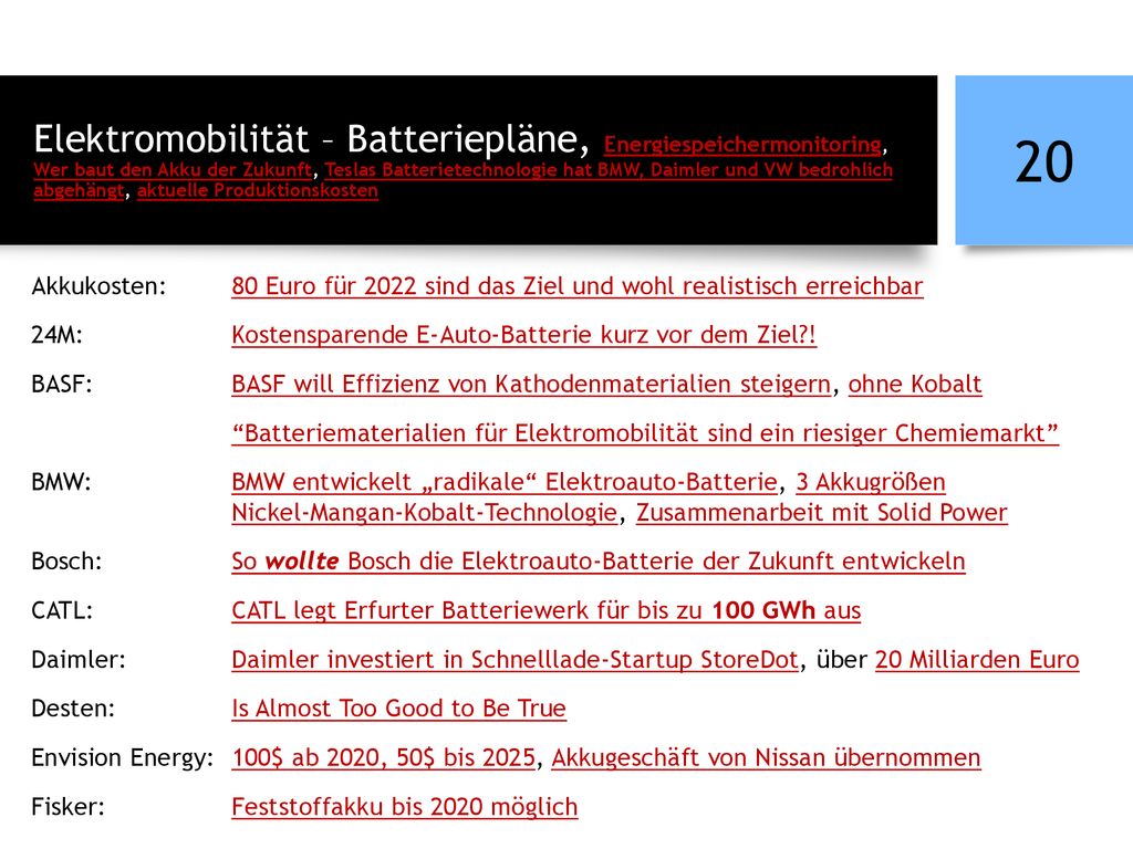 Elektromobilität – Batteriepläne, Energiespeichermonitoring, Wer baut den Akku der Zukunft, Teslas Batterietechnologie hat BMW, Daimler und VW bedrohlich abgehängt, aktuelle Produktionskosten