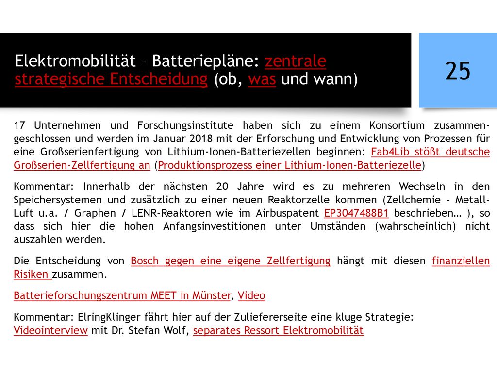 Elektromobilität – Batteriepläne: zentrale strategische Entscheidung (ob, was und wann)