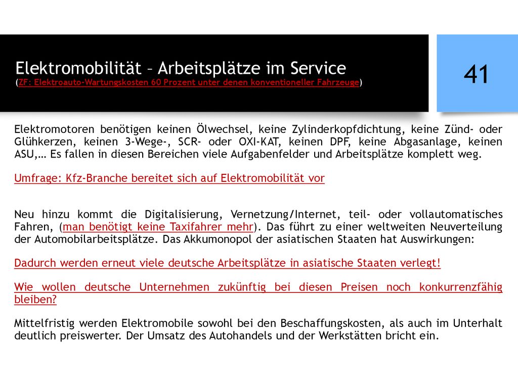 Elektromobilität – Arbeitsplätze im Service (ZF: Elektroauto-Wartungskosten 60 Prozent unter denen konventioneller Fahrzeuge)