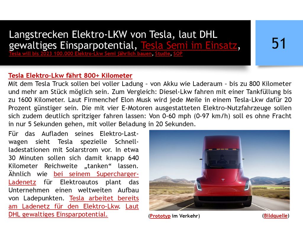 Langstrecken Elektro-LKW von Tesla, laut DHL gewaltiges Einsparpotential, Tesla Semi im Einsatz, Tesla will bis Elektro-Lkw Semi jährlich bauen, Studie, SOP