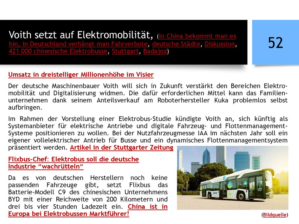 Voith setzt auf Elektromobilität, (in China bekommt man es hin, in Deutschland verhängt man Fahrverbote, deutsche Städte, Diskussion, chinesische Elektrobusse, Stuttgart, Badajoz)