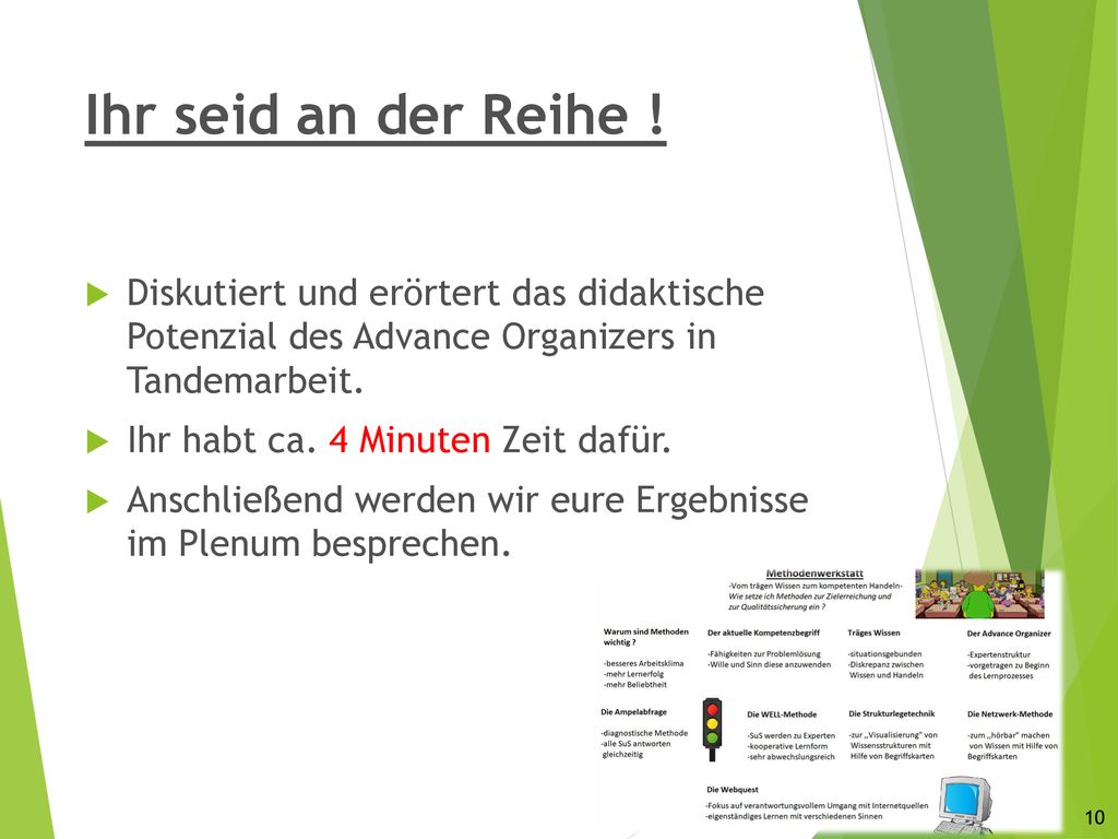 Ihr seid an der Reihe ! Diskutiert und erörtert das didaktische Potenzial des Advance Organizers in Tandemarbeit.