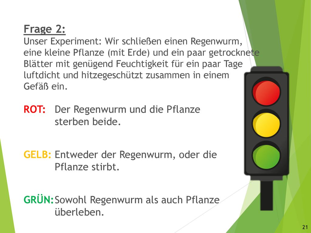 Frage 2: Unser Experiment: Wir schließen einen Regenwurm, eine kleine Pflanze (mit Erde) und ein paar getrocknete Blätter mit genügend Feuchtigkeit für ein paar Tage luftdicht und hitzegeschützt zusammen in einem Gefäß ein.