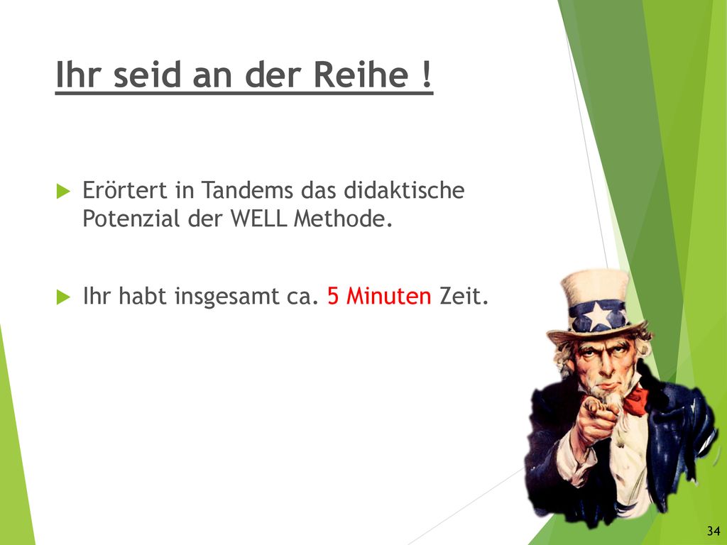 Ihr seid an der Reihe . Erörtert in Tandems das didaktische Potenzial der WELL Methode.