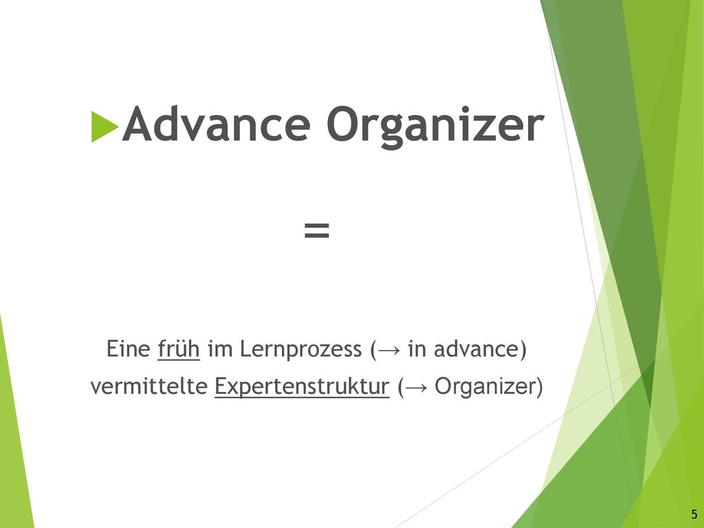 = Advance Organizer Eine früh im Lernprozess (→ in advance)