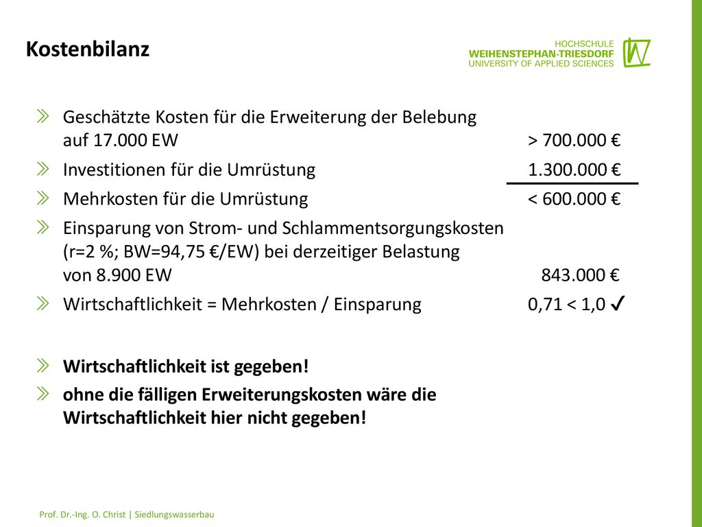 Kostenbilanz Geschätzte Kosten für die Erweiterung der Belebung auf EW > €