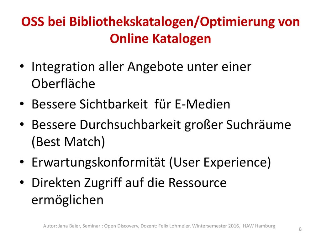 OSS bei Bibliothekskatalogen/Optimierung von Online Katalogen