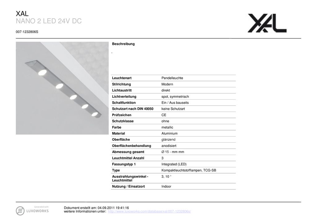 XAL NANO 2 LED 24V DC S Beschreibung - Leuchtenart
