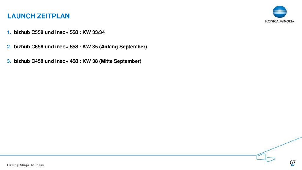 Launch Zeitplan bizhub C558 und ineo+ 558 : KW 33/34