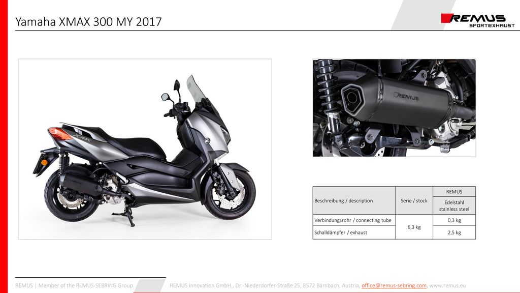 Yamaha XMAX 300 MY 2017 Beschreibung / description Serie / stock REMUS