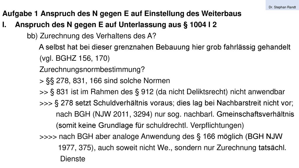 Aufgabe 1 Anspruch des N gegen E auf Einstellung des Weiterbaus