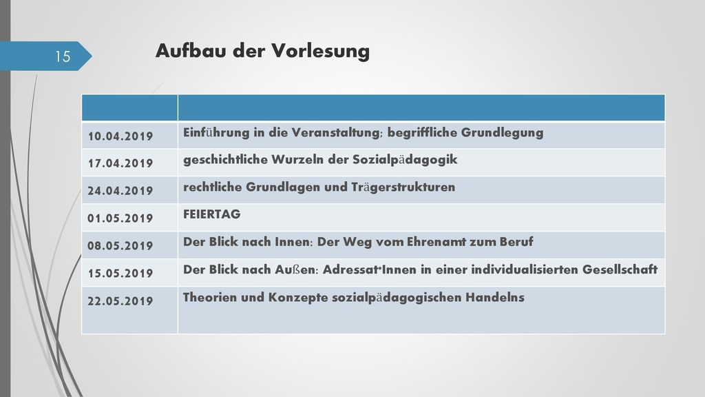 Aufbau der Vorlesung Einführung in die Veranstaltung; begriffliche Grundlegung