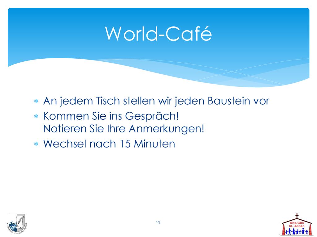 World-Café An jedem Tisch stellen wir jeden Baustein vor