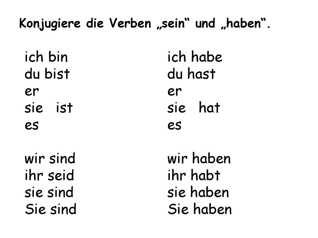 ich bin du bist er sie ist es wir sind ihr seid sie sind Sie sind