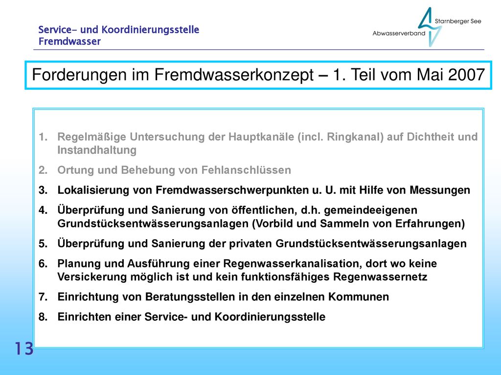 Forderungen im Fremdwasserkonzept – 1. Teil vom Mai 2007