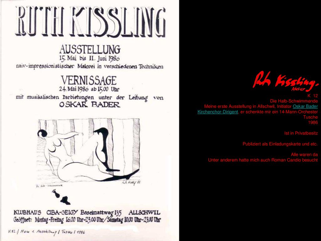 K 12 Die Halb-Schwimmende. Meine erste Ausstellung in Allschwil, Initiator Oskar Bader Kirchenchor-Dirigent, er schenkte mir ein 14-Mann-Orchester.