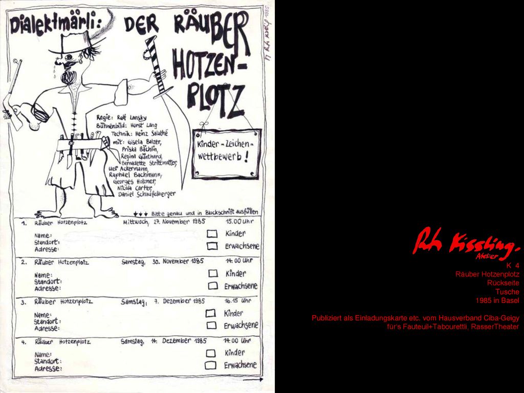 K 4 Räuber Hotzenplotz. Rückseite. Tusche in Basel. Publiziert als Einladungskarte etc. vom Hausverband Ciba-Geigy.