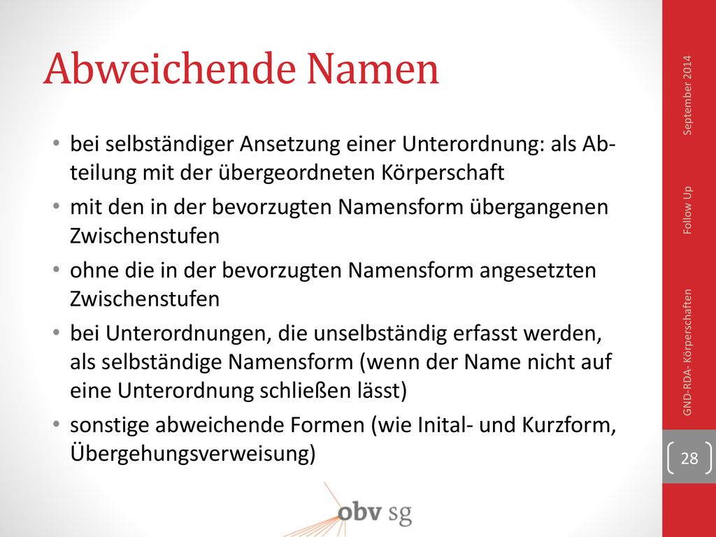 Abweichende Namen September bei selbständiger Ansetzung einer Unter­ordnung: als Ab­tei­lung mit der über­geordneten Körper­schaft.